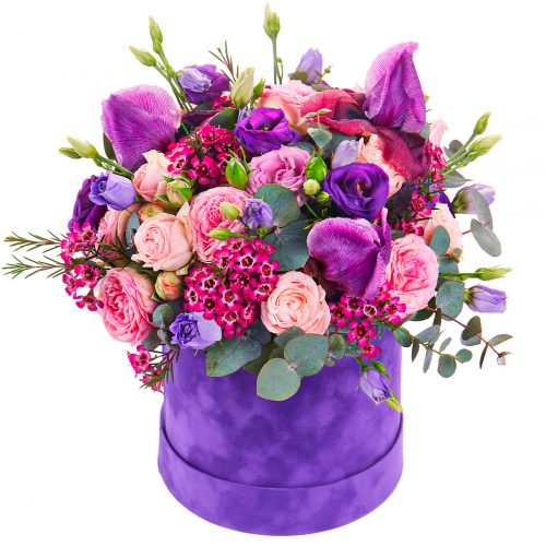 Цветы в шляпной коробке «Фиолетовый блеск»